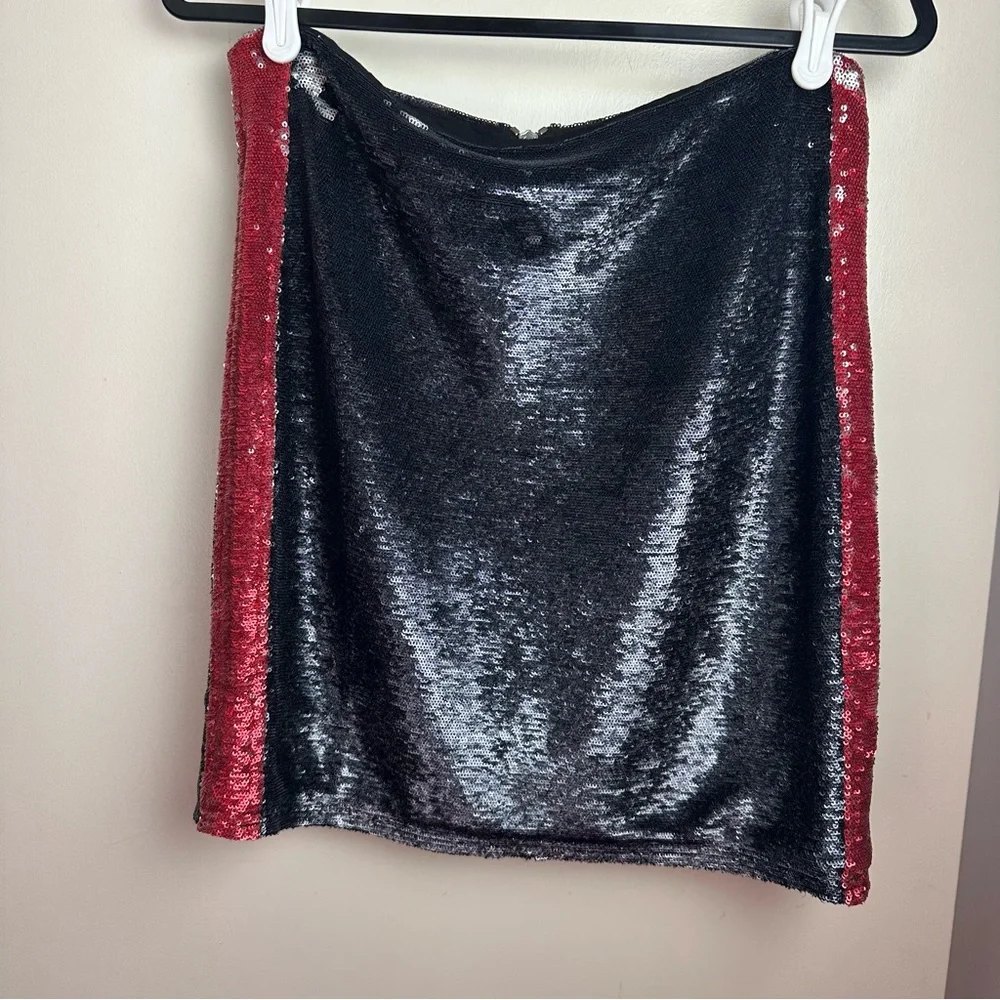 IRO Colinne Shimmer Sequin Metallic‎ Black W/Red Side Stripe Lined Mini Skirt 2